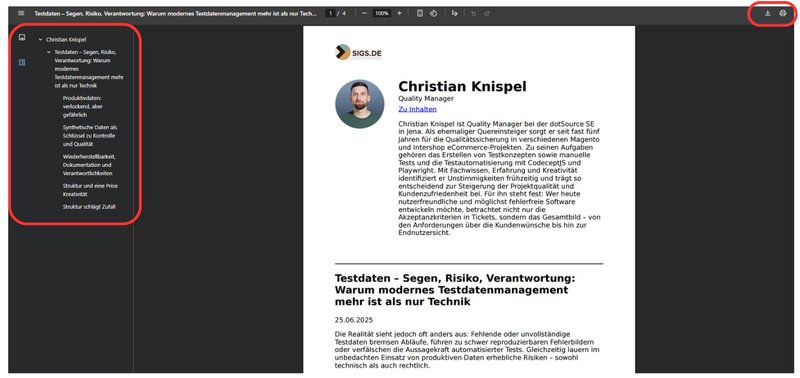 Navigation von Artikeln und Download sowie Druck von Artikeln